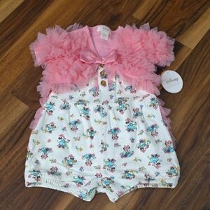 Disney Pink Tulle Shoulder Romper Minnie Mouse Tutu Couture Button Bow Ruffle